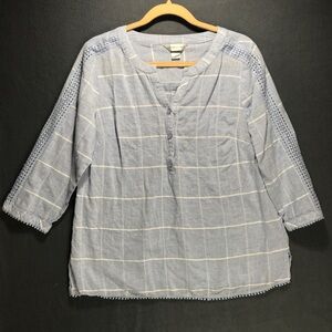 Linen Plaid Shirt Medium Light Blue Blouse Crochet Sleeve